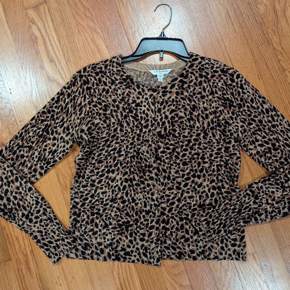 L.K. Bennett CD Nestie 100% Wool Leopard Print Cardigan Sweater Size S